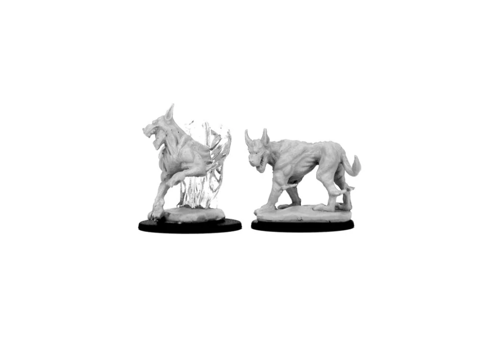Unpainted miniatures of two Blink Dogs from Dungeons & Dragons, showcasing dynamic poses on black bases.