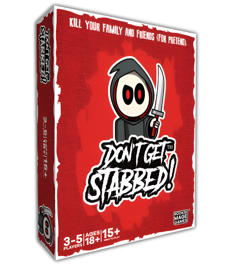 Box for the board game "Don't Get Stabbed," featuring a cartoon character with a sword and bold text. Preorder available.
