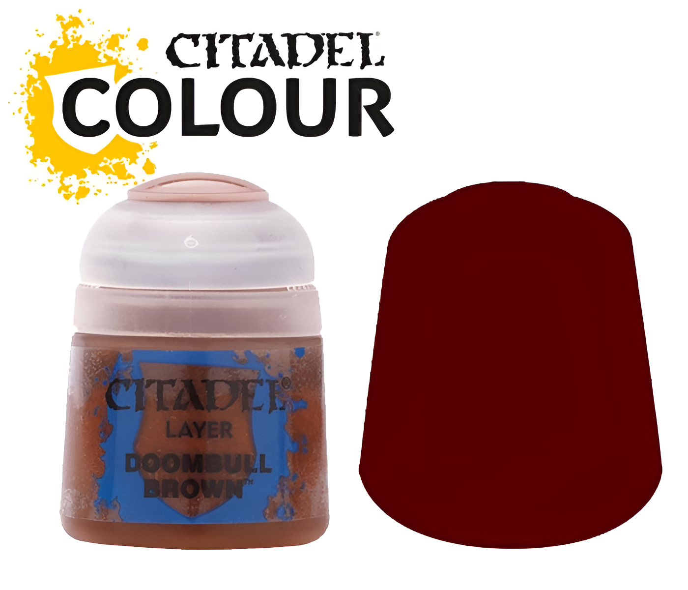 Citadel Layer Doombull Brown paint bottle with a dark brown color swatch, ideal for miniature painting and detailing.
