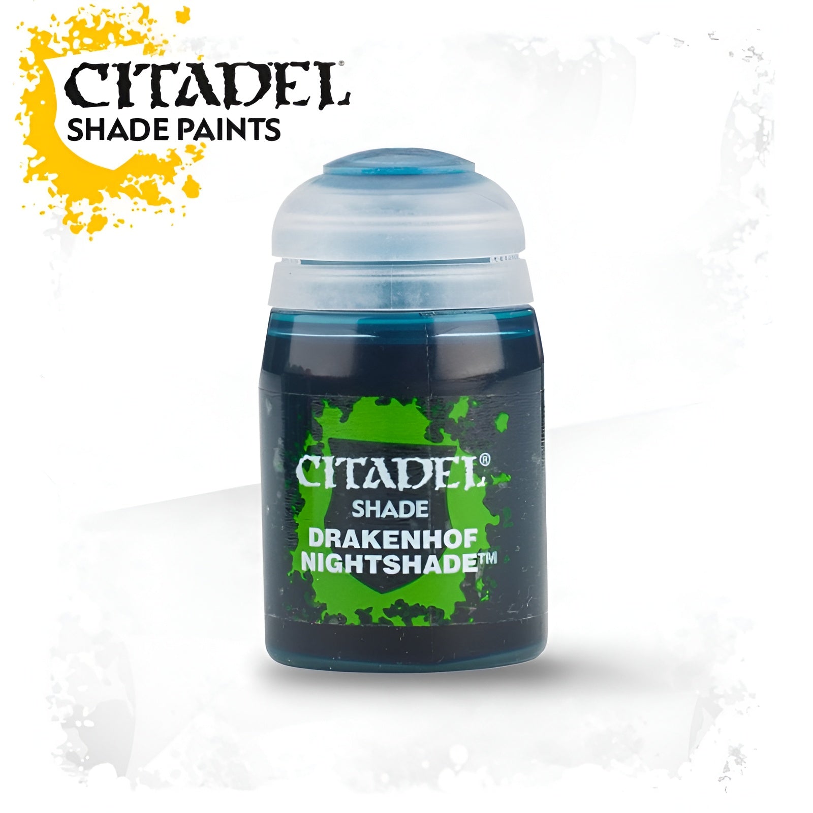 Citadel Shade Drakenhof Nightshade 18ml paint bottle, featuring a dark blue liquid and a secure screw-top lid.