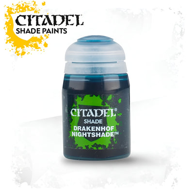 Citadel Shade Drakenhof Nightshade 18ml paint bottle, featuring a dark blue liquid and a secure screw-top lid.
