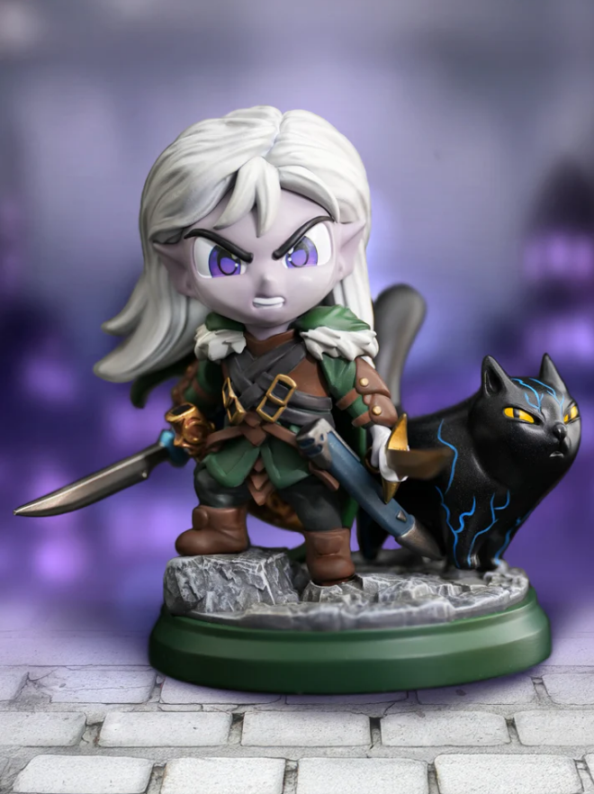 Drizzt Do'urden figure with Guenhwyvar, featuring detailed design and vibrant colors, ideal for Dungeons & Dragons fans.
