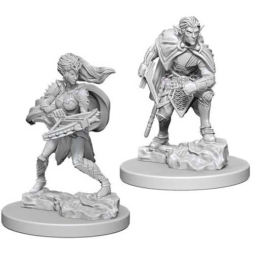 Unpainted Dungeons & Dragons miniatures featuring a Drow female warrior with a crossbow and a male Drow with a sword, both on bases.