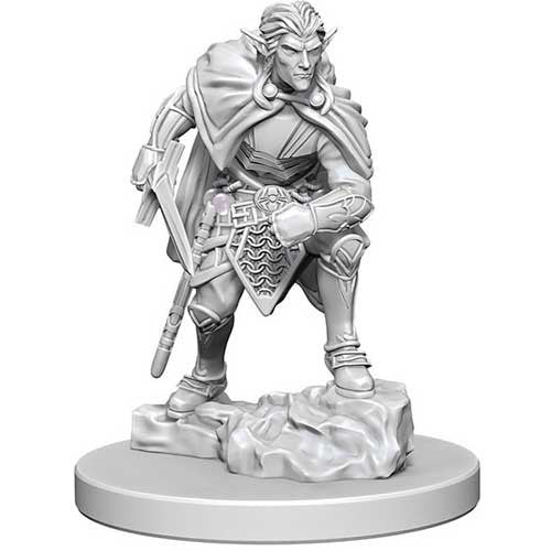 Unpainted Dungeons & Dragons miniature of a Drow warrior in a dynamic pose, equipped with a sword and shield.