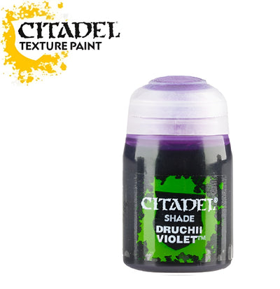 Citadel Shade Druchii Violet 18ml paint pot, featuring a purple shade ideal for enhancing miniatures and models.