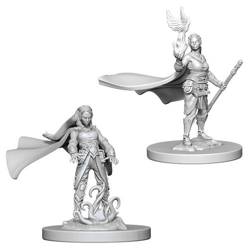 Unpainted miniature of a female elf druid from Dungeons & Dragons, featuring a staff and flowing cape, ready for customization.