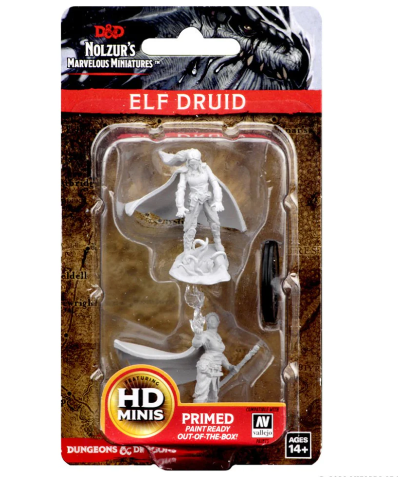 Unpainted miniature of an elf female druid from Dungeons & Dragons, ready for customization and painting.