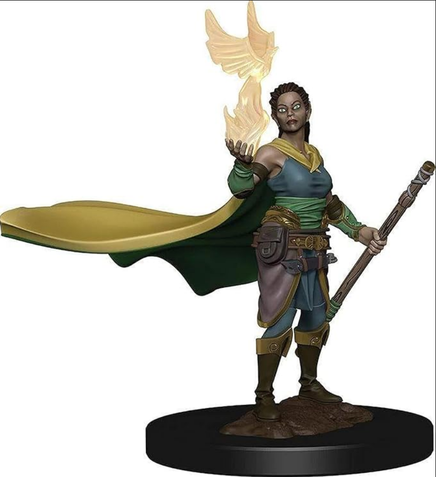 Premium Dungeons & Dragons female elf druid figure holding a glowing bird, wearing a green cape and wielding a staff.