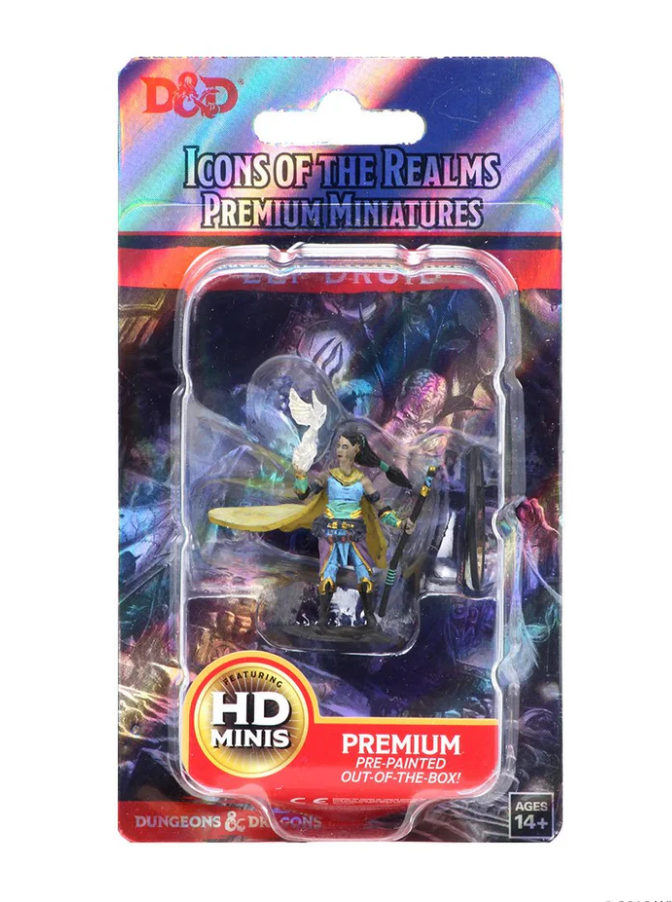 Premium pre-painted female elf druid miniature from Dungeons & Dragons Icons of the Realms, packaged in colorful display.