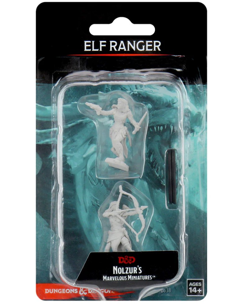 Unpainted miniatures of a female elf ranger from Dungeons & Dragons, featuring a bow and arrow, in packaging.