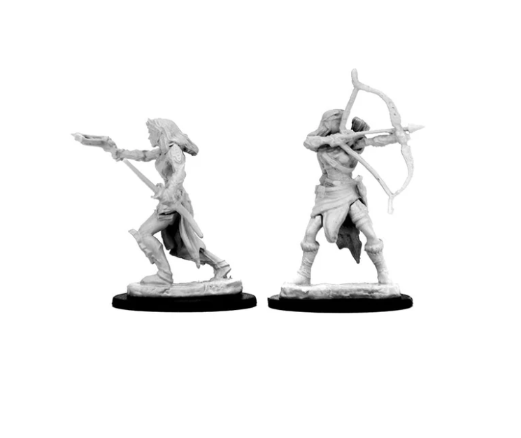 Unpainted miniatures of a female elf ranger, one aiming a bow and the other holding a spear, on black bases.