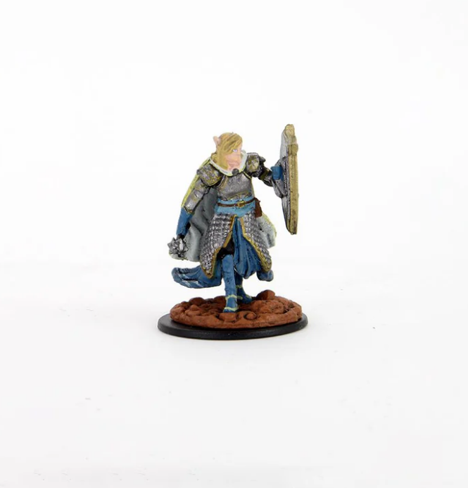 Premium Dungeons & Dragons Elf Male Cleric miniature, detailed armor and shield, posed dynamically on a textured base.