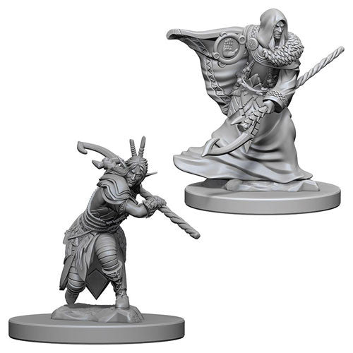 Unpainted miniatures of a male elf druid in two poses, showcasing intricate details and dynamic stances for tabletop gaming.