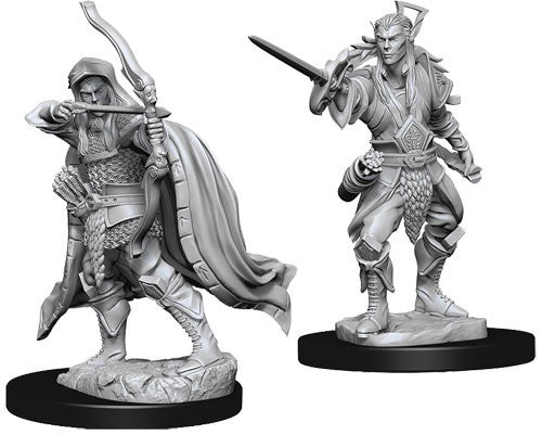 Unpainted miniatures of a male elf rogue and a male elf warrior, both wielding swords, ideal for Dungeons & Dragons gameplay.