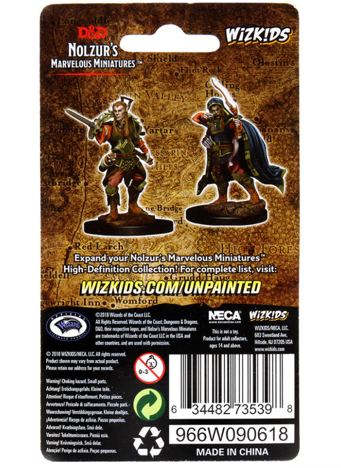 Unpainted miniatures of an elf male rogue, showcasing detailed features and accessories for tabletop gaming.