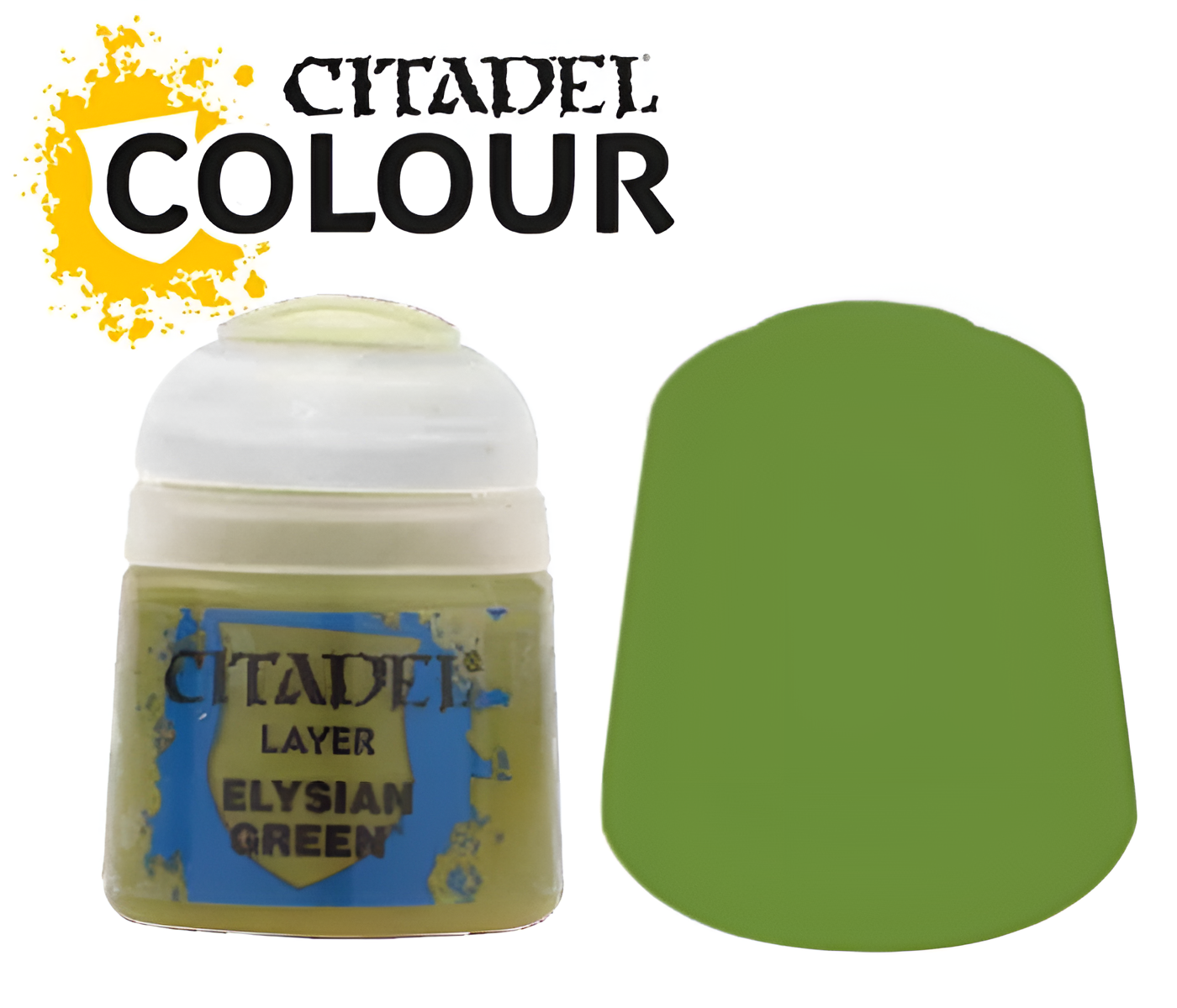 Citadel Layer Elysian Green paint (12ml) in a clear container with a white lid, alongside a color swatch of Elysian Green.