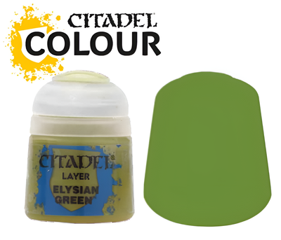 Citadel Layer Elysian Green paint (12ml) in a clear container with a white lid, alongside a color swatch of Elysian Green.