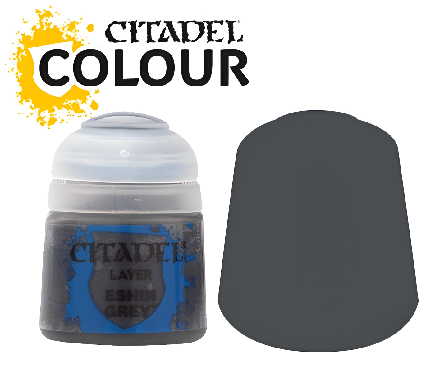 Citadel Layer Eshin Grey paint (12ml) in a round container with a grey color swatch beside it.