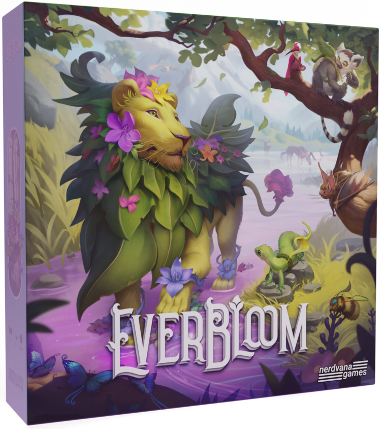Colorful board game box for Everbloom featuring a lion adorned with flowers, surrounded by whimsical creatures and a serene landscape.