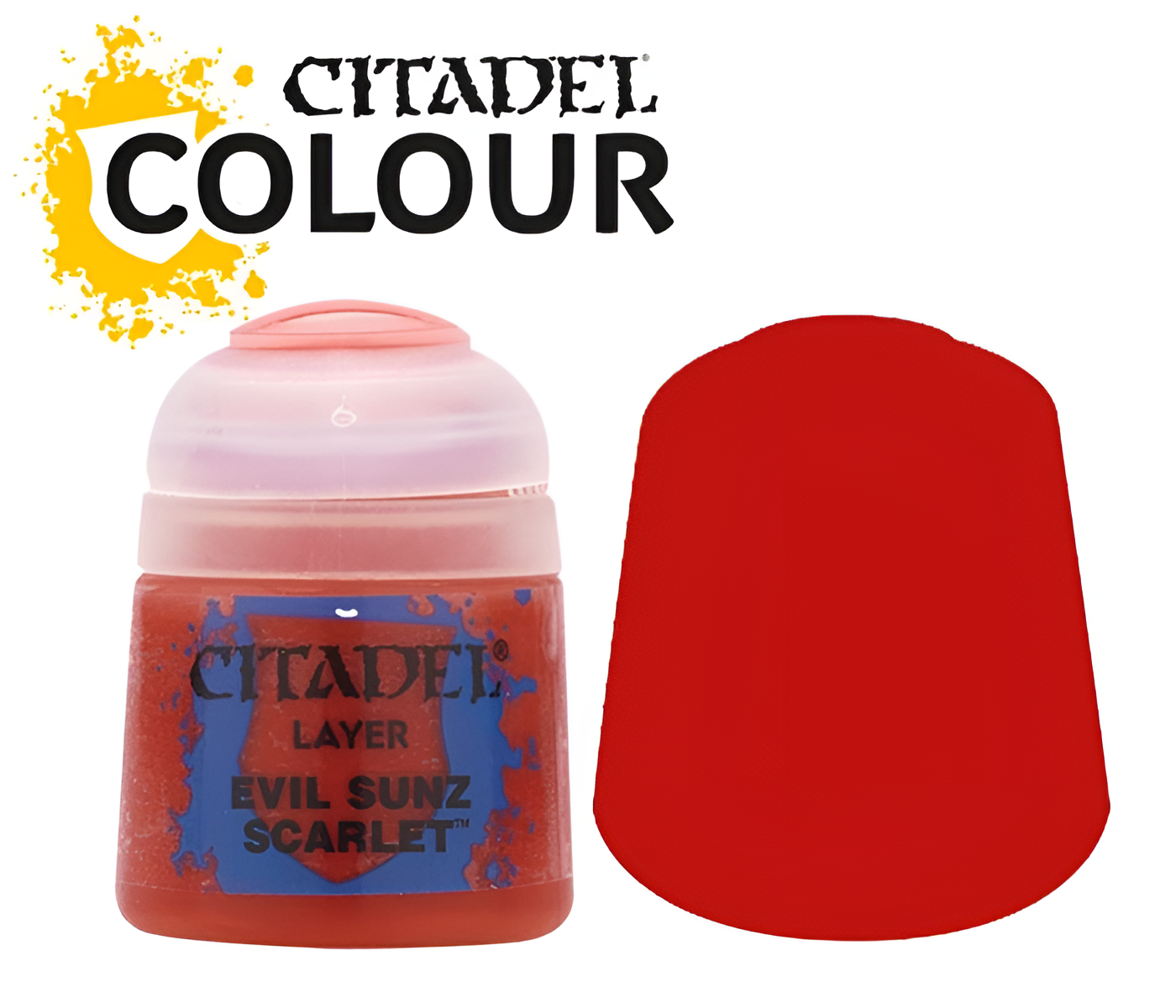 Citadel Layer Evil Sunz Scarlet paint (12ml) in a round container with a vibrant red color swatch.