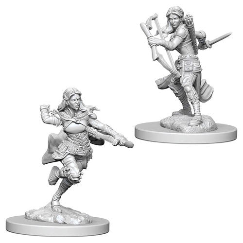 Unpainted miniatures of a female Air Genasi rogue in two dynamic poses, ready for tabletop gaming in Dungeons & Dragons.