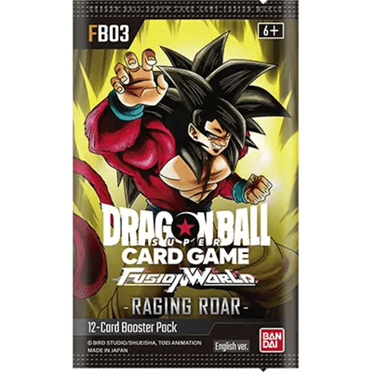 Dragon Ball Super TCG Fusion World Raging Roar FB03 booster box featuring Goku in dynamic pose, showcasing vibrant artwork.