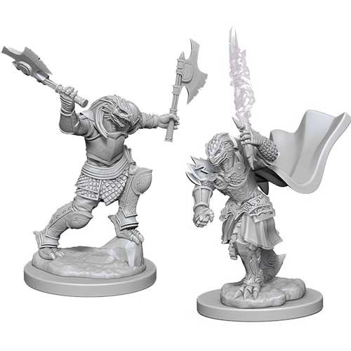 Unpainted Dragonborn female fighter miniatures from Dungeons & Dragons, showcasing detailed armor and weapons.