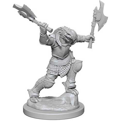 Unpainted miniature of a Dragonborn female fighter wielding dual axes, ready for tabletop gaming in Dungeons & Dragons.