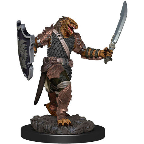 Detailed Dragonborn female paladin miniature with sword and shield, showcasing intricate armor and a dynamic pose.