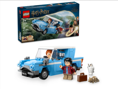 LEGO Harry Potter Flying Ford Anglia set featuring Harry, Ron, and a rat, with the blue car and packaging in the background.