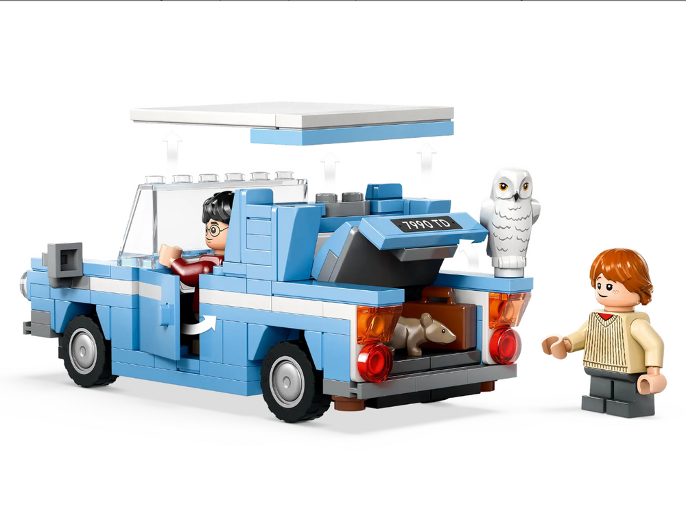 LEGO Harry Potter Flying Ford Anglia set featuring a blue car, Harry Potter minifigure, Ron Weasley, and Hedwig.