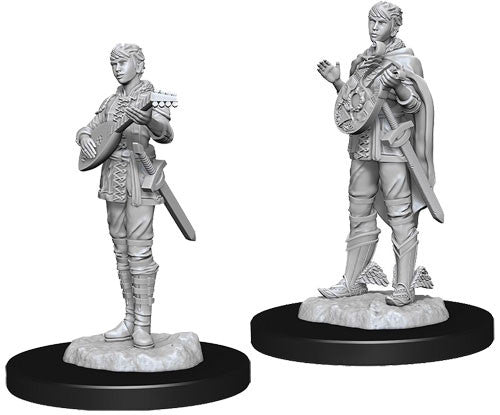 Unpainted miniature of a female half-elf bard holding a lute and sword, designed for Dungeons & Dragons gameplay.