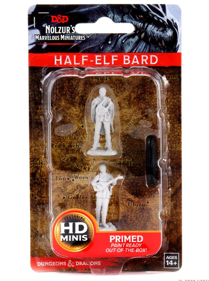 Unpainted miniatures of a female half-elf bard from Dungeons & Dragons, ready for painting and customization.