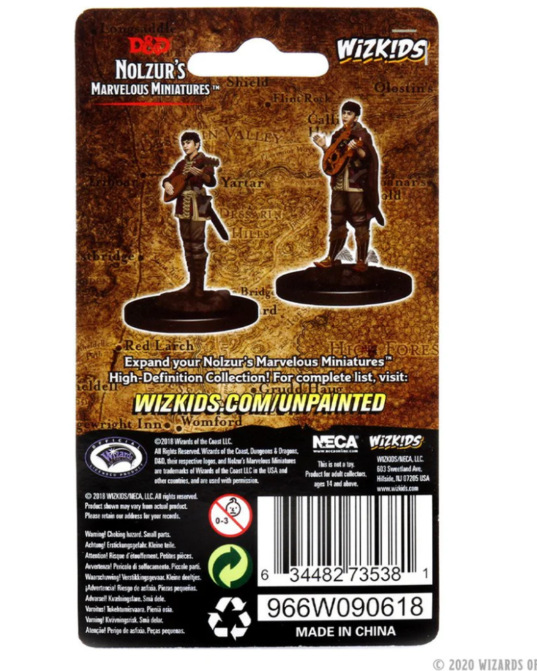 Unpainted miniatures of a female half-elf bard from Dungeons & Dragons, featuring two poses with a lute and a rapier.