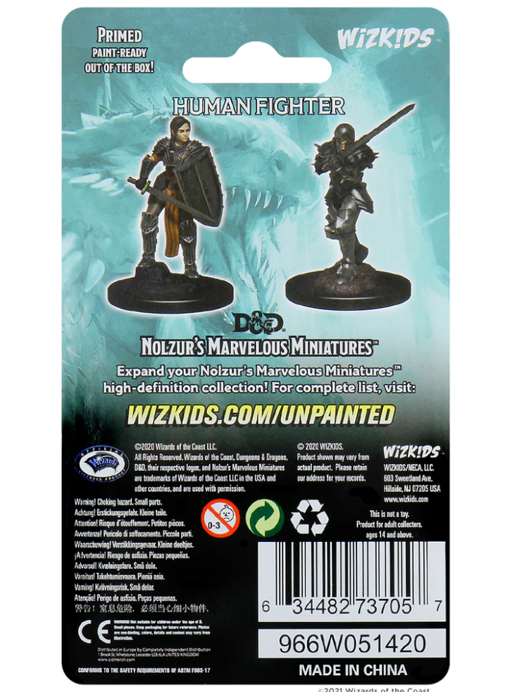 Back of the packaging for Nolzur's Marvelous Unpainted Miniatures featuring a female human fighter and a male character.