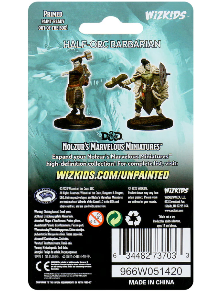 Back of packaging for Nolzur's Marvelous Unpainted Miniatures featuring a female half-orc barbarian and details about the product.
