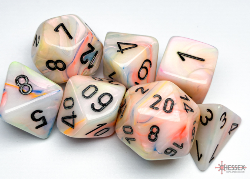 Chessex Festive Circus/Black 7-die set featuring colorful, swirled dice with black numbering for tabletop gaming.