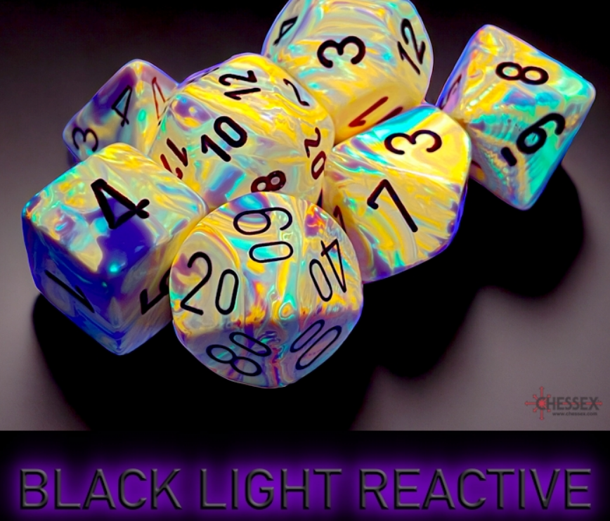 Chessex Festive Sunburst/Red 7 die set featuring vibrant, multicolored dice with black numbers, reactive under black light.