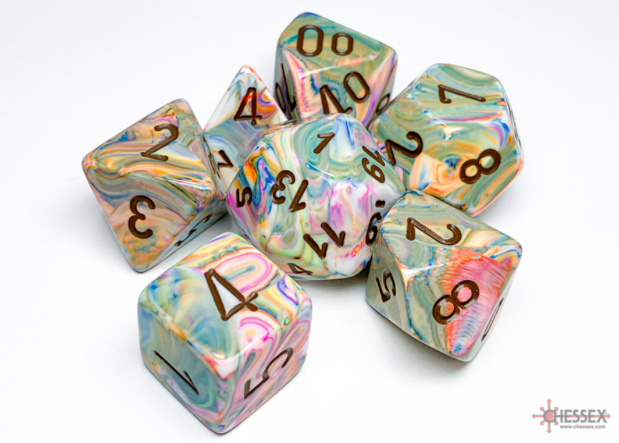 Colorful Chessex Festive Vibrant/Brown 7 die set featuring marbled patterns and bold numbers for tabletop gaming.