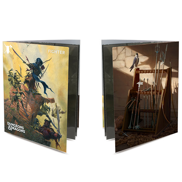 Dungeons and Dragons Fighter portfolio featuring dynamic artwork of a fighter and a display of weapons.