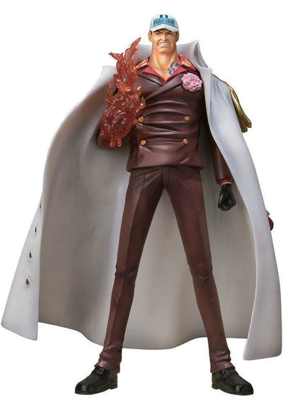 Figuarts Zero Akainu Sakazuki figure from One Piece, featuring detailed attire and a fiery arm, standing confidently.