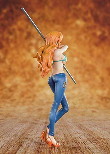 Figuarts Zero Nami figure from One Piece, showcasing her in a stylish outfit with a pole, against a vibrant background.