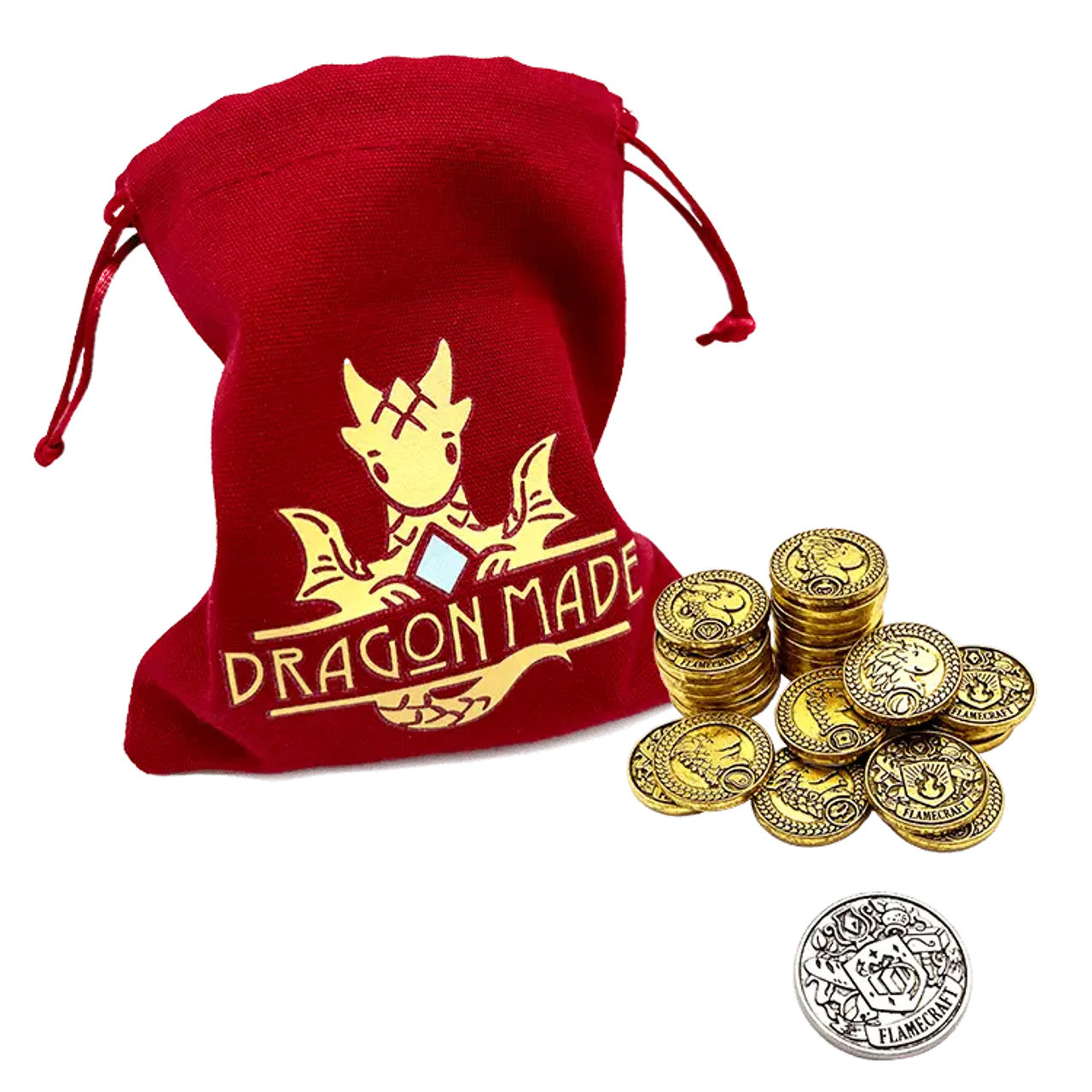 Red drawstring bag labeled "Dragon Made" next to a stack of gold metal coins from Flamecraft: Series 2.