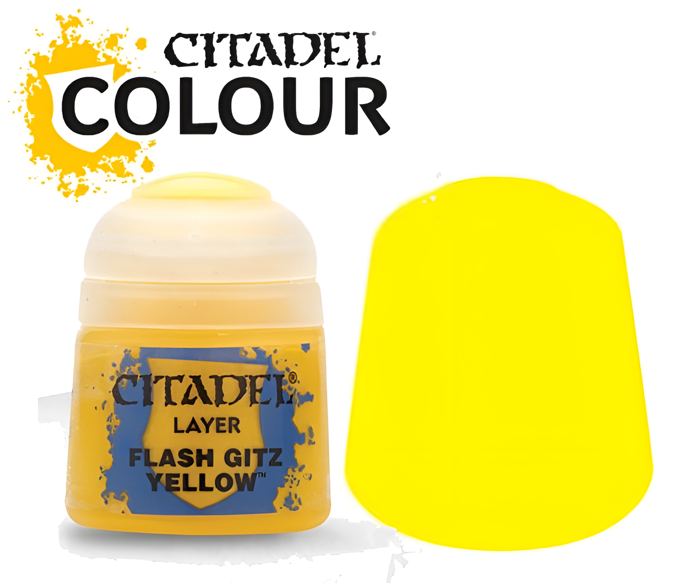 Citadel Layer Flash Gitz Yellow paint in a 12ml container with a bright yellow cap, ideal for miniature painting.