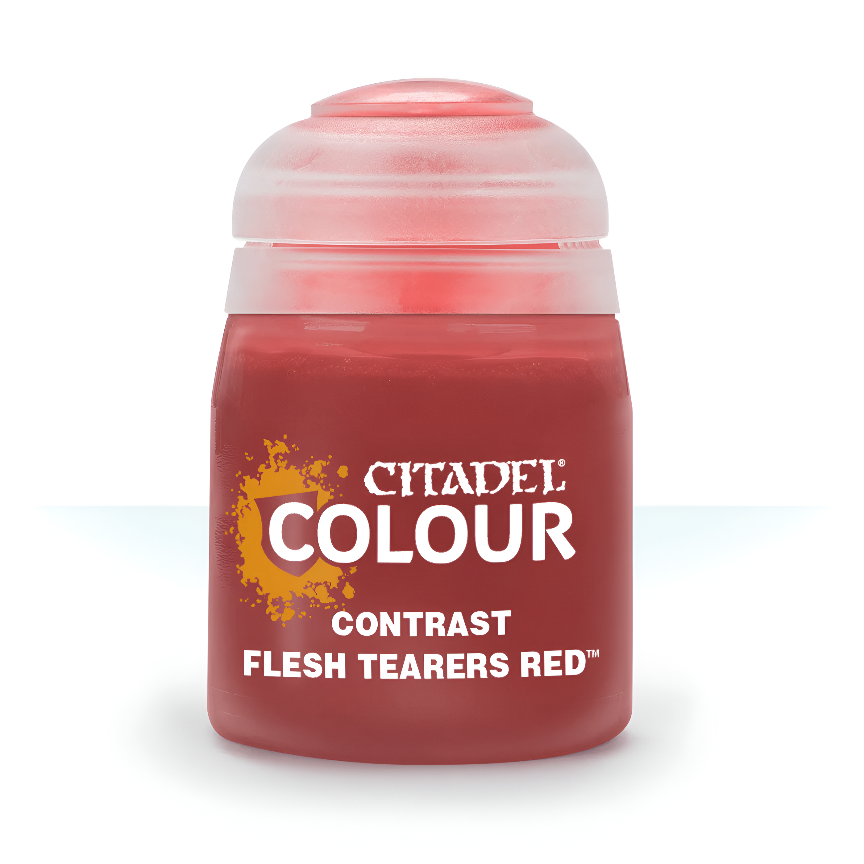 Citadel Contrast Flesh Tearers Red paint in an 18ml container, ideal for miniature painting and detailing.