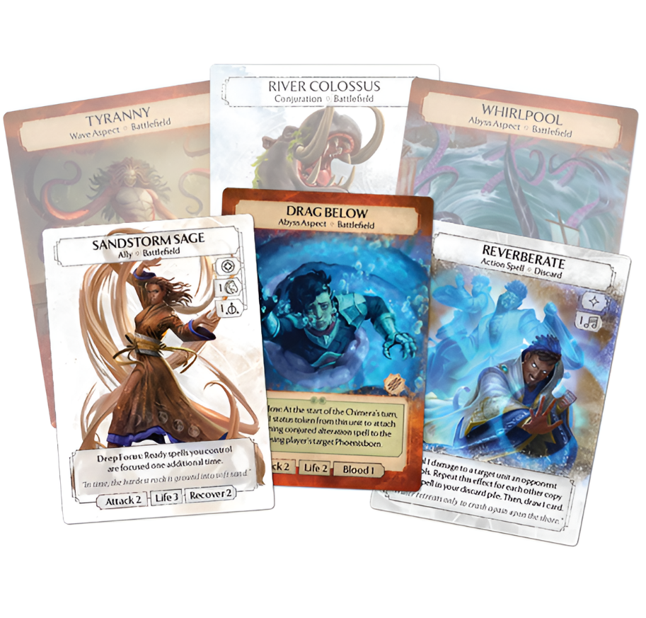 A collection of Ashes Reborn: Red Rains cards, featuring characters and abilities like Sandstorm Sage, River Colossus, and Drag Below.