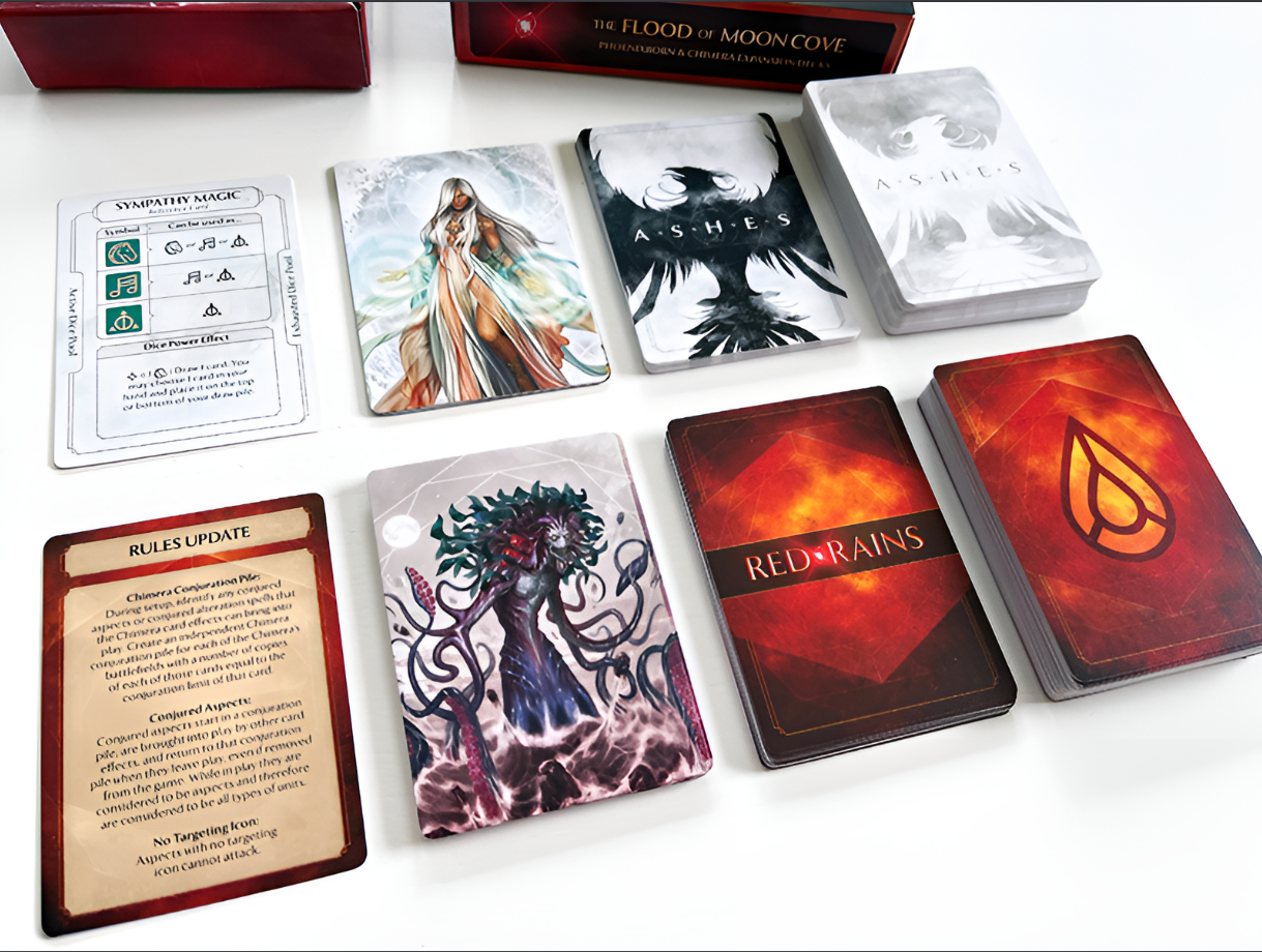 Ashes Reborn: Red Rains - Flood of Mooncove card game components, including character cards, rule updates, and game mechanics.