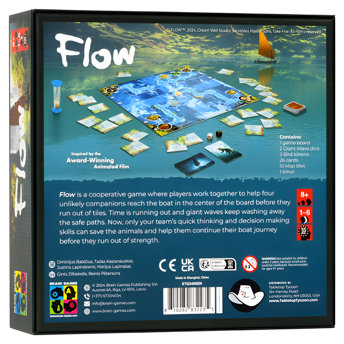 Flow board game box featuring colorful game components and a cooperative gameplay theme for 1-4 players.