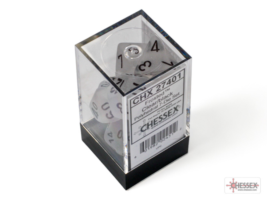 Chessex Frosted Clear and Black 7-die set displayed in a clear plastic case with a black base and label.