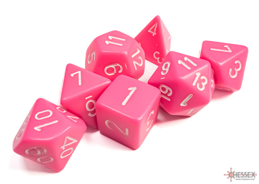 Frosted pink and white 7-die set by Chessex, featuring various polyhedral dice with clear numbering.